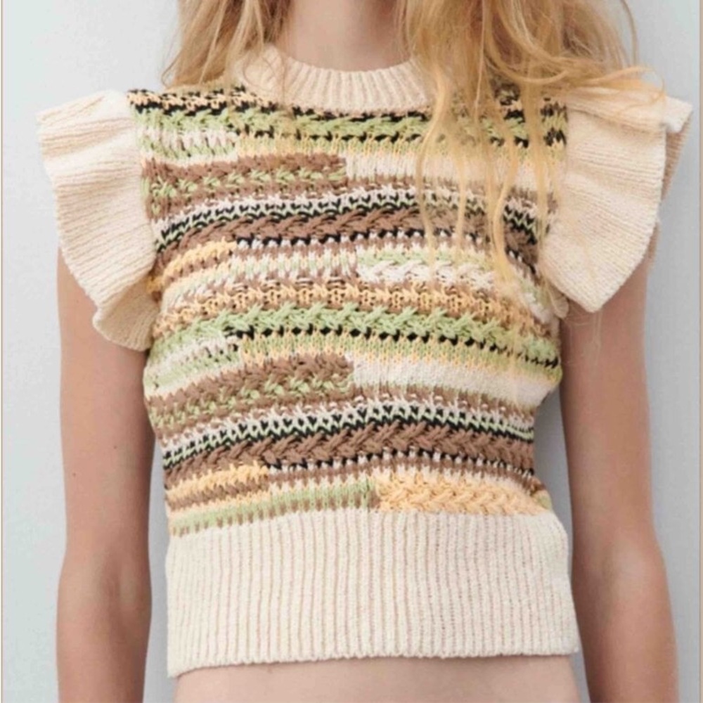 Zara Cream and Brown Knit Top | Size S
